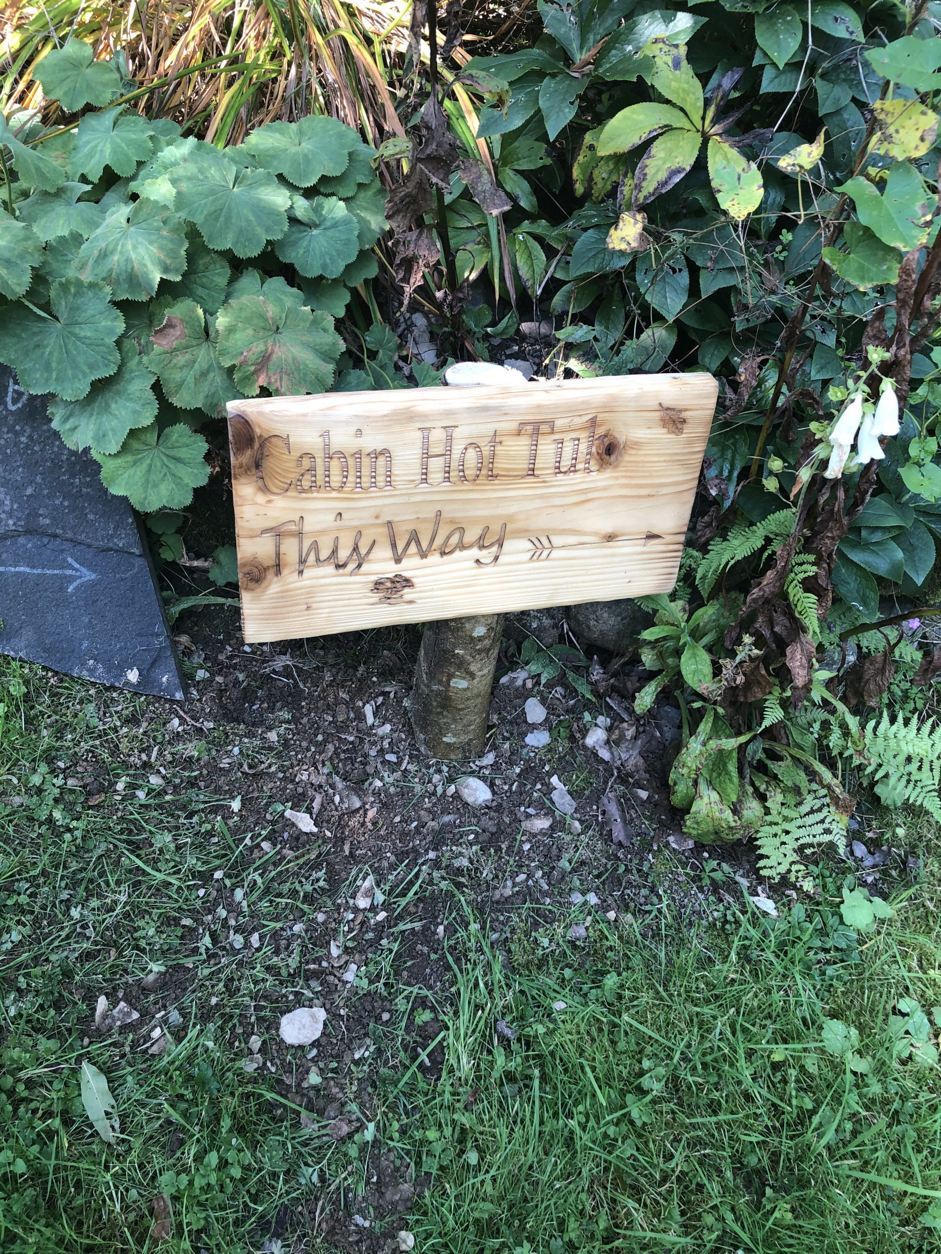 Rustic wooden sign in woods reads Cabin Hot Tub This Way